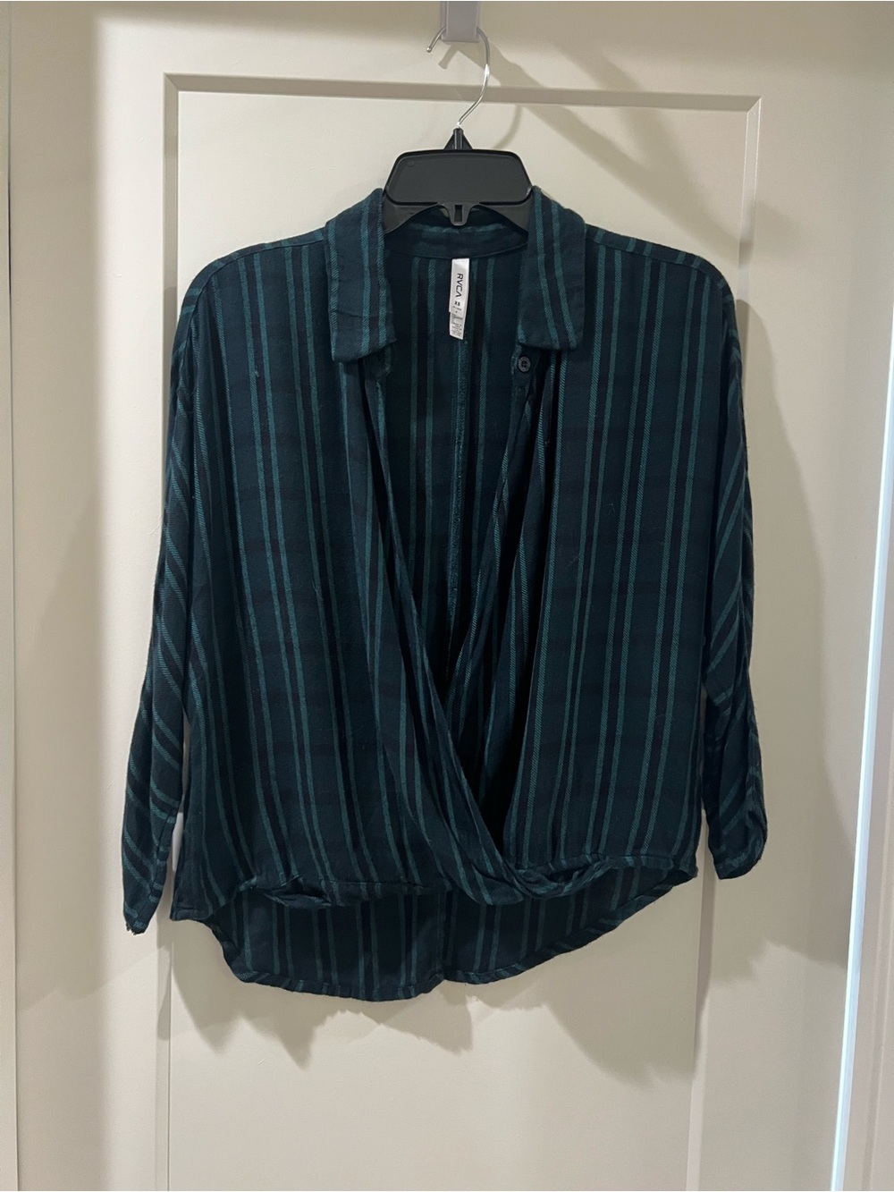 RVCA Teal and Dark Green Striped Wrap Blouse